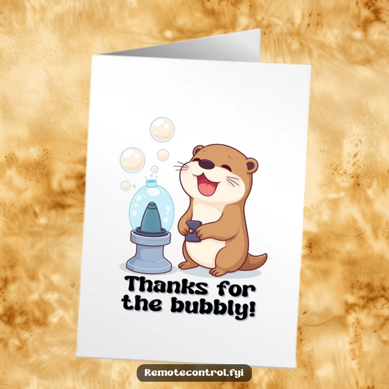 Funny Free Printable Thank You Card: A joyful otter character uses a remote control to start a bubble machine.