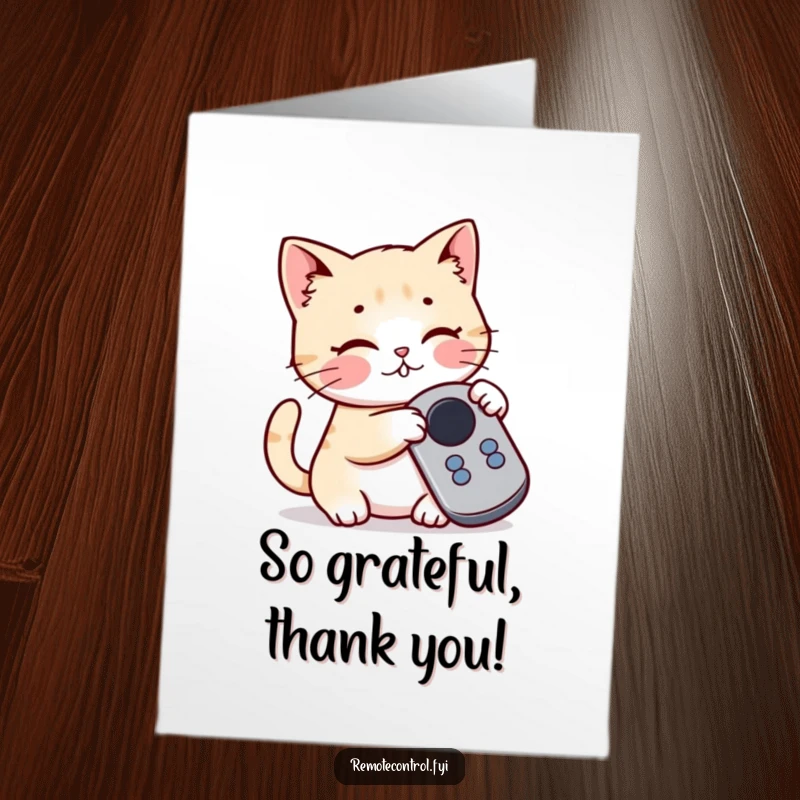 Funny Free Printable thank you card with a cute kawaii cat batting playfully at a remote control button, expressing thanks with a gentle swipe.