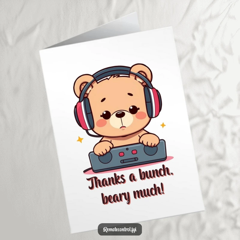 Funny free printable thank you card featuring a bear with headphones, holding a remote, sending thanks.