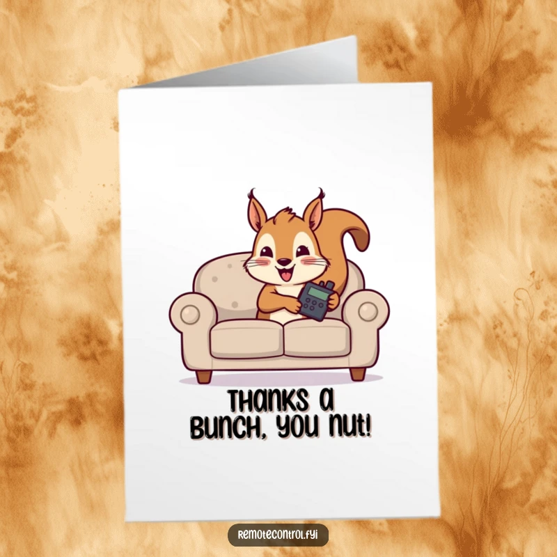 Funny Free Printable Thank You Card: Squirrel hiding with a remote, offering a humorous thank you, great for print at home.