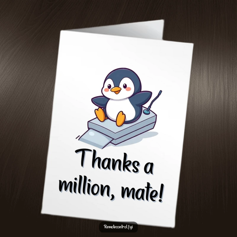 Funny Free Printable Penguin Thank You Card: Penguin sliding down remote ramp, expressing cool thanks.