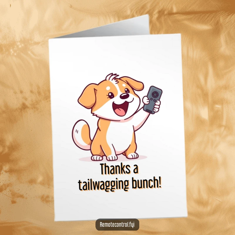 Funny Free Printable Thank You Card: Excited dog with furiously wagging tail holding a remote control. Humorous downloadable art.