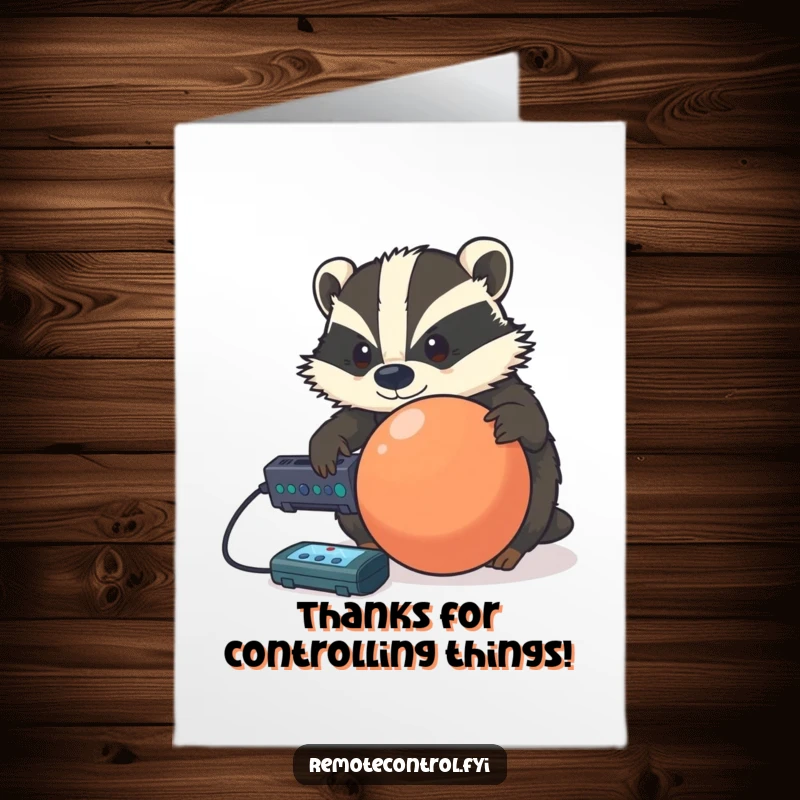 Funny Free Printable Thank You Card: A determined badger tries to control a rolling ball with a remote, channeling its inner genius.