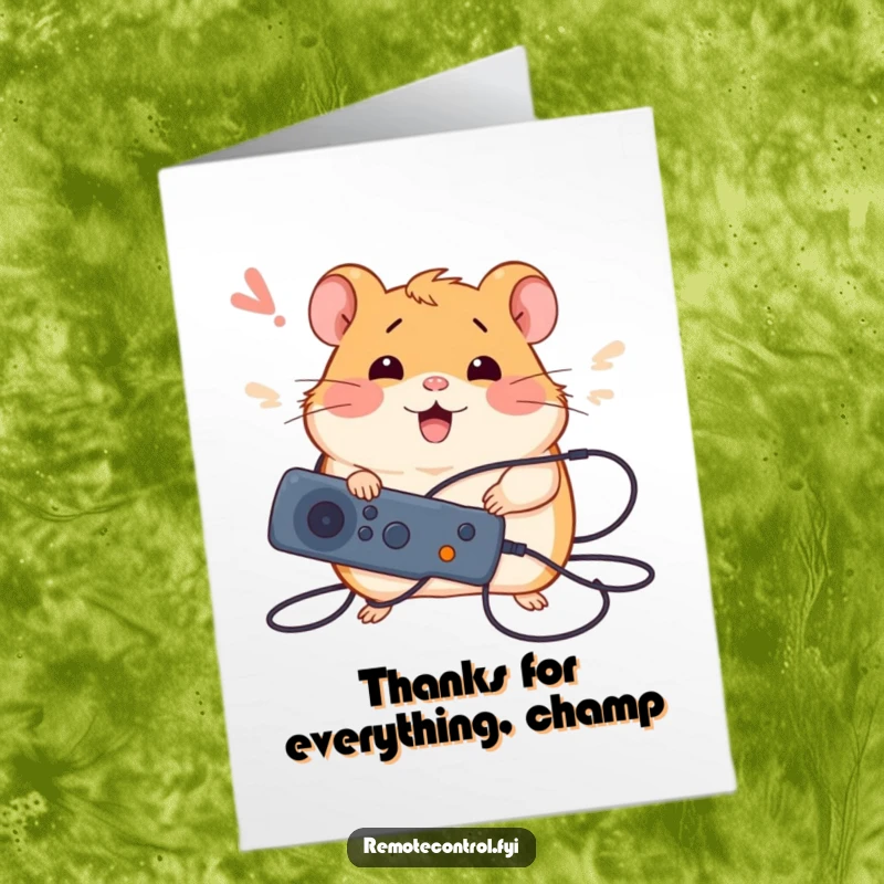 Funny Free Printable Thank You Card: Silly hamster tangled in wires, holding a remote and sighing happily with thanks.
