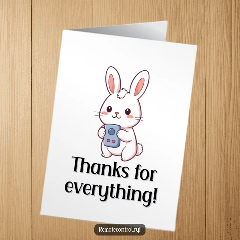 Funny Free Printable thank you card featuring a kawaii rabbit holding a remote, looking surprised at a button, expressing thanks with wide eyes.