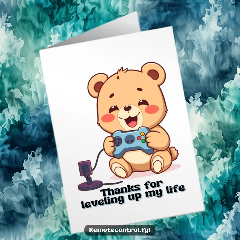 Funny Free Printable Thank You Card: Happy bear cub holding a remote, expressing thanks with a smile.