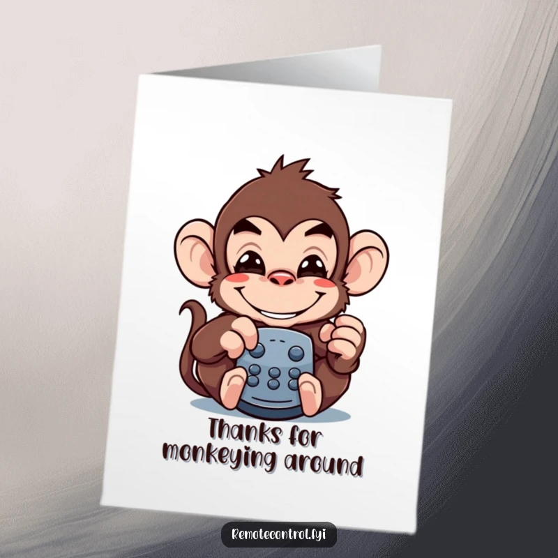 Funny Free Printable Thank You Card: Mischievous monkey grinning, disguised as a remote control.