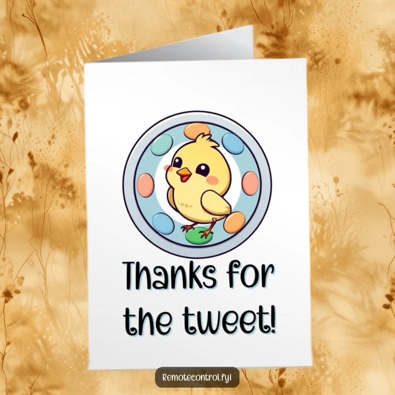 Funny Free Printable Thank You Card: A happy bird is focused on pecking a big, colorful button on a remote control.