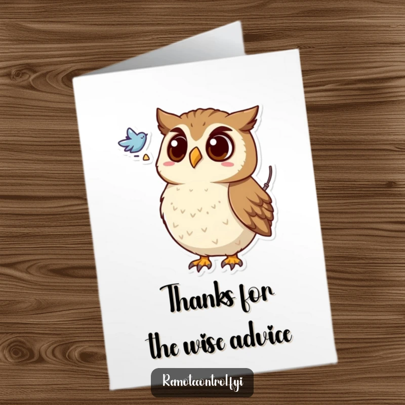 Funny Free Printable Thank You Card: Surprised owl with a remote, looking at a flying symbol as a symbol of thanks.
