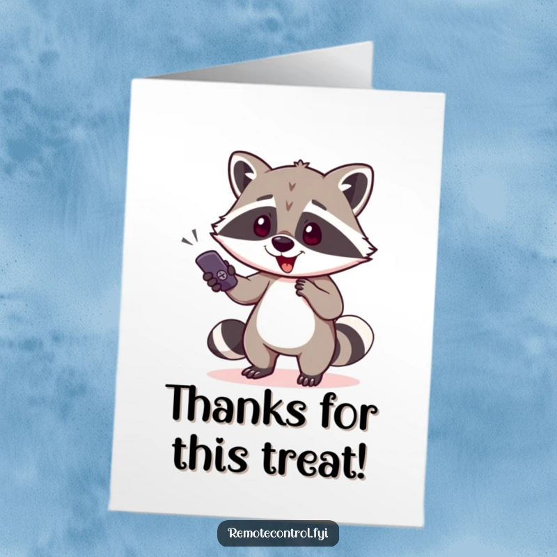 Funny Free Printable Thank You Card: A mischievous raccoon character sneaks off with a remote control.
