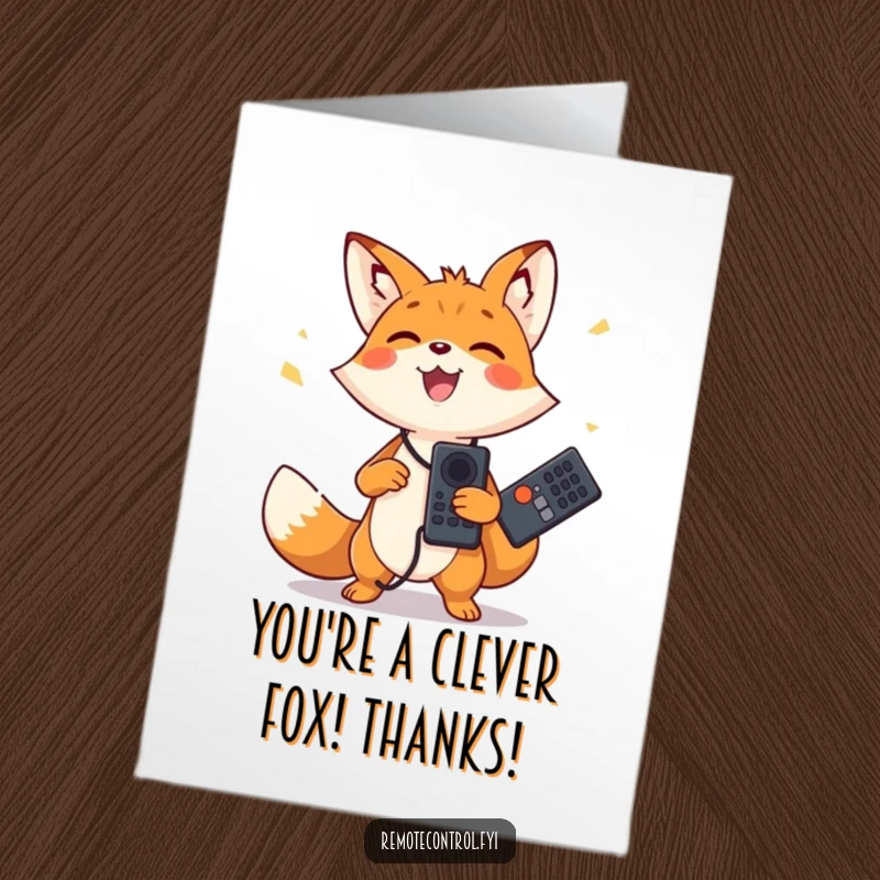 Funny free printable thank you card with a happy fox joyfully juggling multiple remote controls, expressing thanks with playful flair.