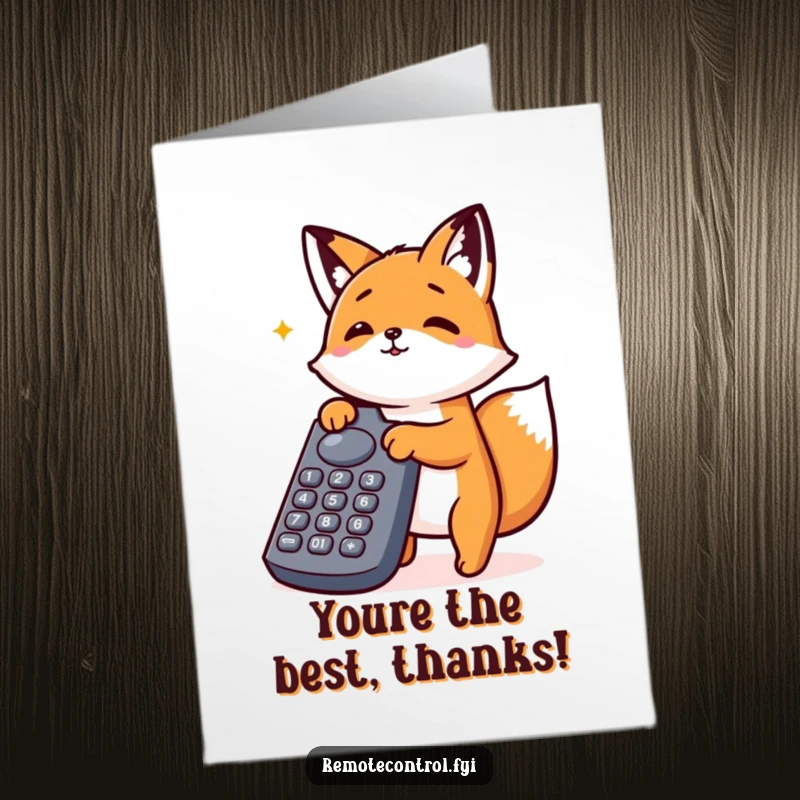 Funny Free Printable thank you card with an ecstatic kawaii fox manically pressing buttons on a large remote, expressing overwhelming thanks.