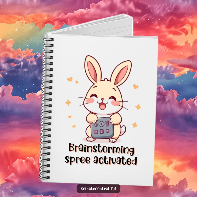 Funny rabbit notebook, a cheerful rabbit pressing multiple buttons on a remote with great energy, perfect for note-taking.