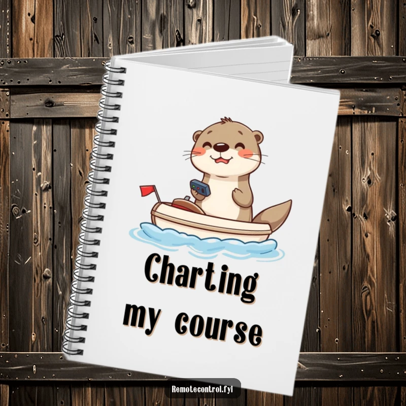 Funny otter notebook with a joyful otter using a remote to steer a toy boat, ideal for jotting down funny plans.