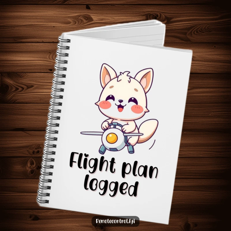 Funny notebook with a happy animal character focused with joy, piloting a flying toy and inspiring creative note-taking.