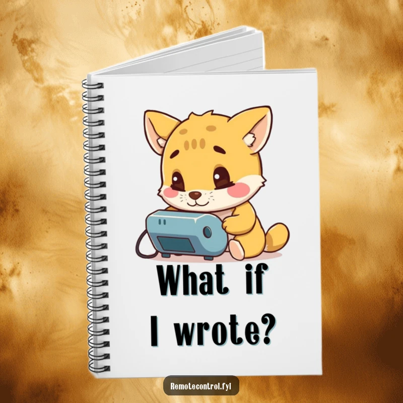 Funny notebook depicting a curious animal character examining a remote control with intense interest, ideal for jotting down observations and ideas.