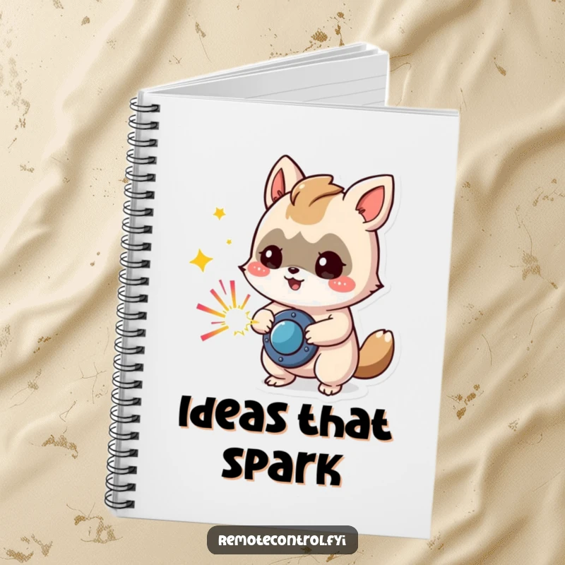 Funny notebook depicting a mischievous animal character pressing a button that emits colorful sparks, perfect for jotting down creative ideas.