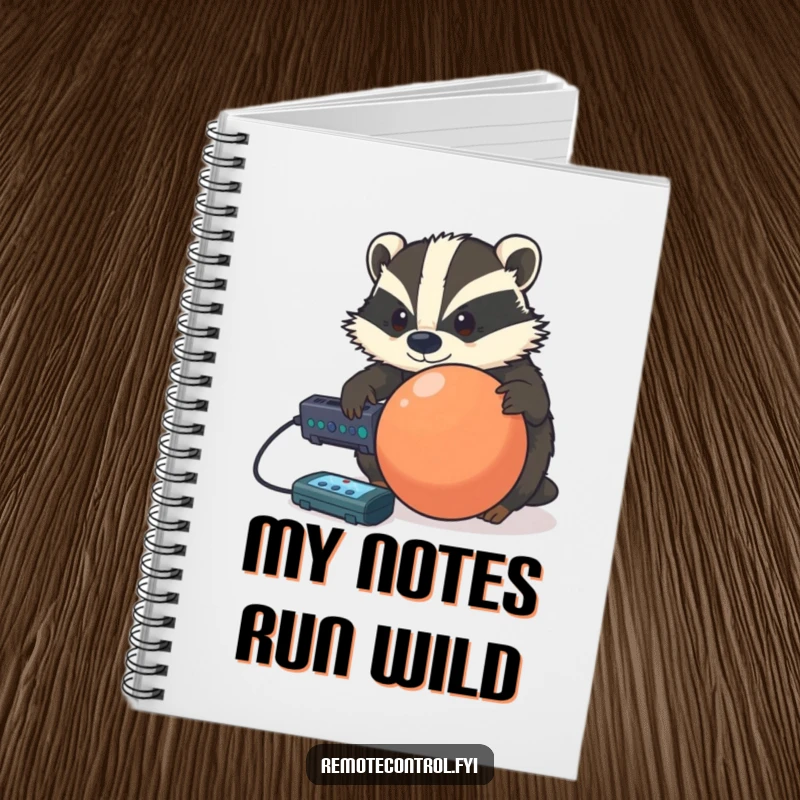 Funny determined badger controlling a rolling ball with a remote, on the cover of a humorous notebook.