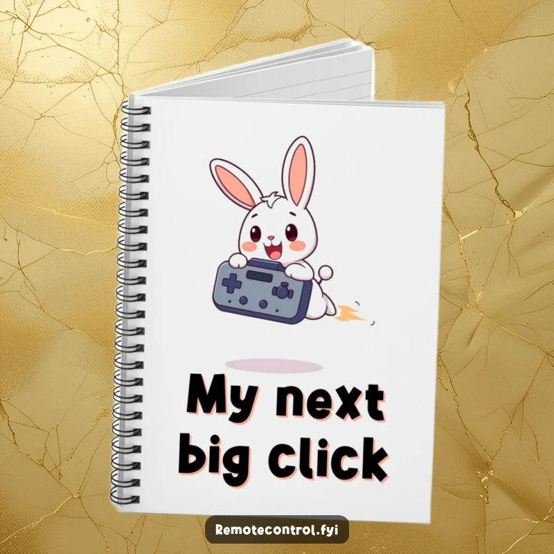 Funny bunny notebook, a happy bunny zooms through the air holding a huge remote, inspiring note-taking and creative thoughts.