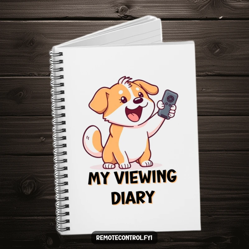 Funny dog notebook with an excited dog holding a remote, perfect for jotting down happy ideas.
