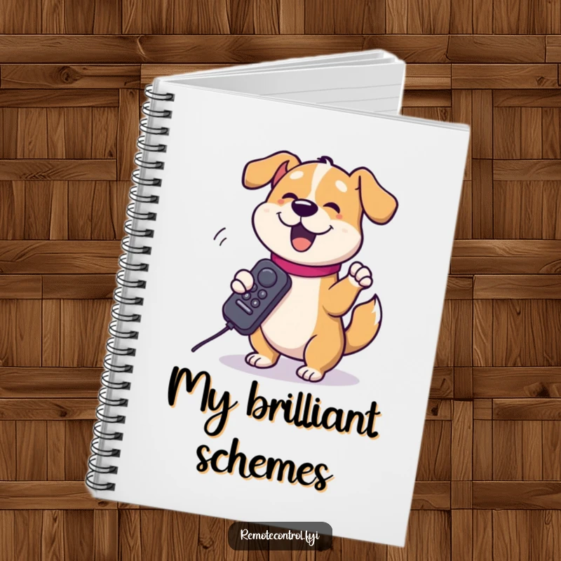 Funny dog character spinning a TV remote around its paw on a notebook, representing a humorous approach to capturing thoughts and ideas.