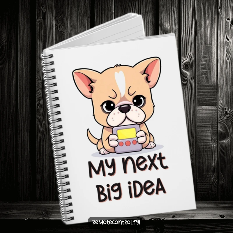 Funny dog notebook featuring a determined dog intently focused on the small, glowing screen of a remote control.