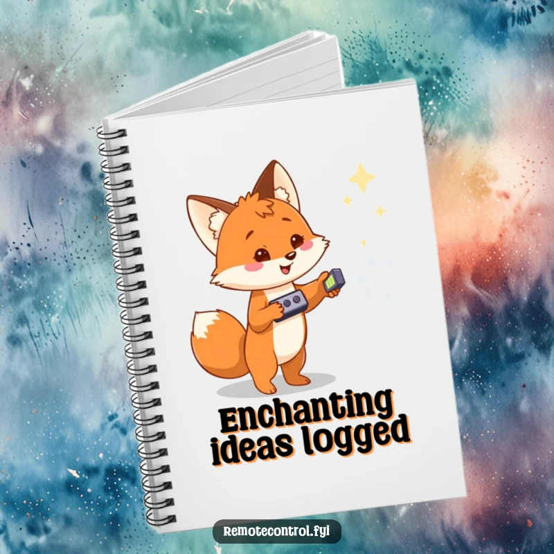 Funny notebook featuring a cheerful fox with a remote, pointing at a magical object, perfect for jotting down ideas.