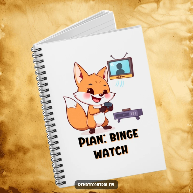 Funny fox notebook with a sly fox aiming a remote, perfect for jotting down mischievous ideas.