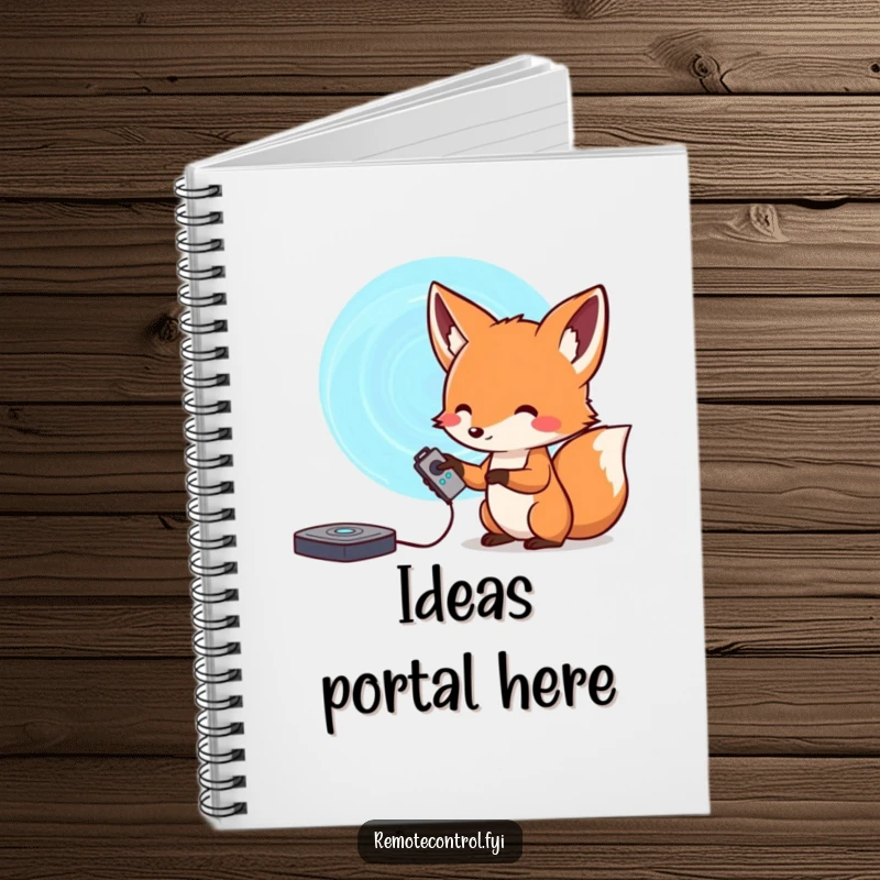 Funny fox notebook, a curious fox holding a remote control, pointing at a swirling portal, perfect for documenting adventures.
