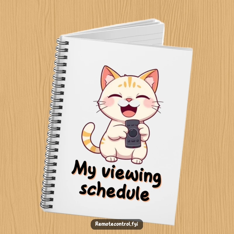 Funny notebook with a giggling cat character holding a remote control, pointing it playfully, perfect for jotting ideas.