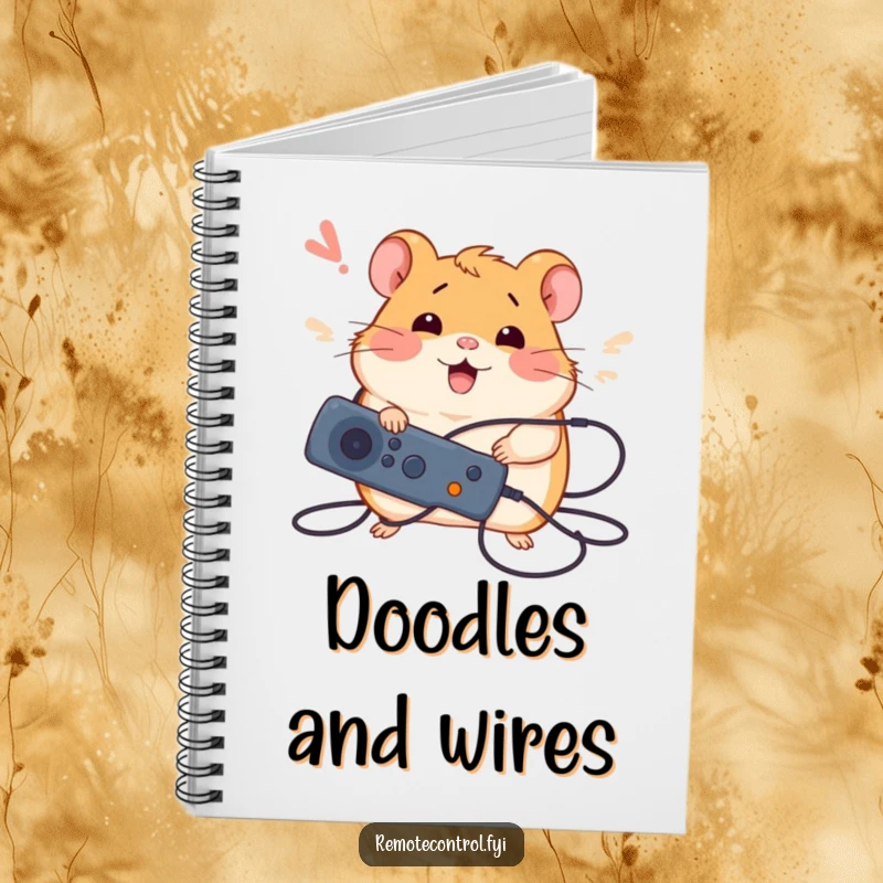 Funny notebook featuring a silly hamster tangled in wires, holding a remote with a happy sigh, perfect for jotting ideas.