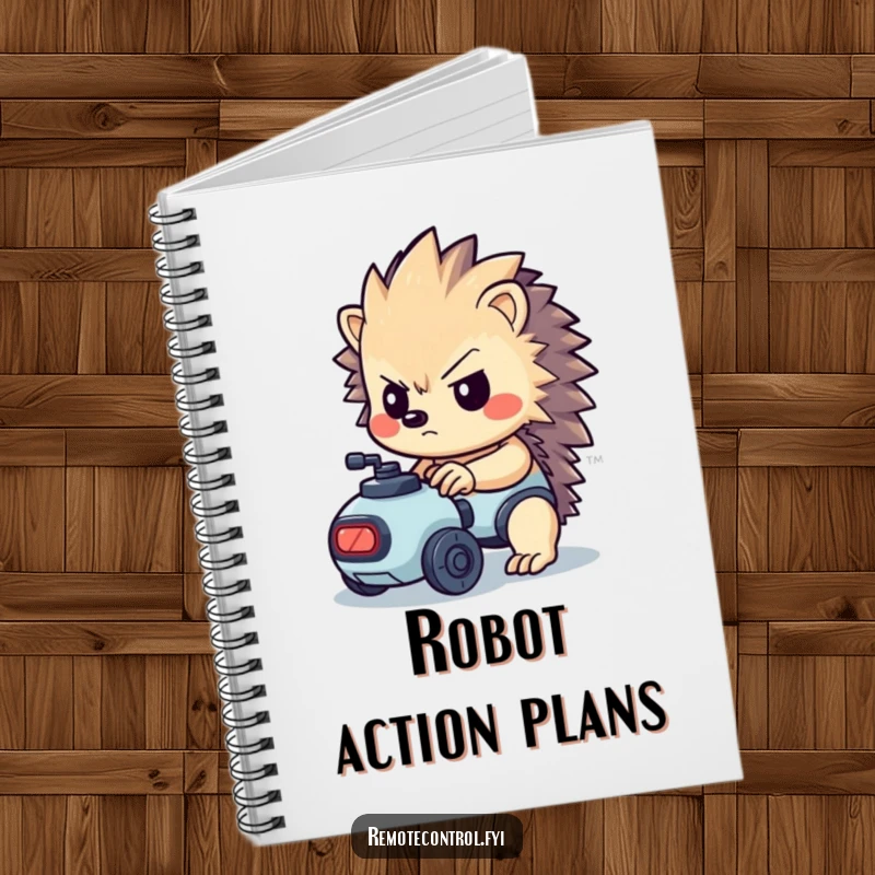 Funny kawaii hedgehog with a determined look controlling a tiny robot on a notebook.