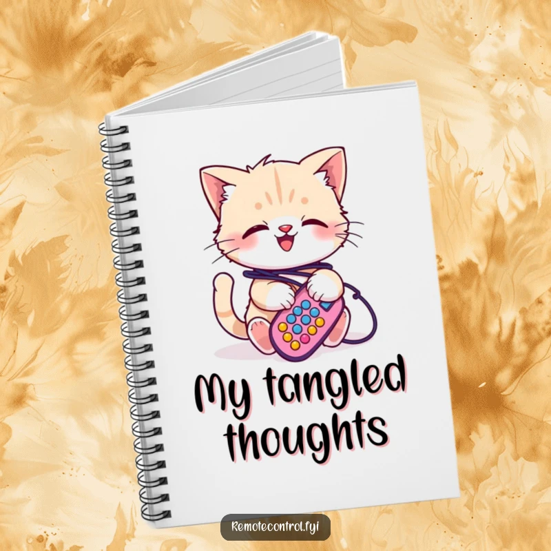 Funny kitten notebook, a giggling kitten is playfully tangled in remote control wires, inspiring creative note-taking.