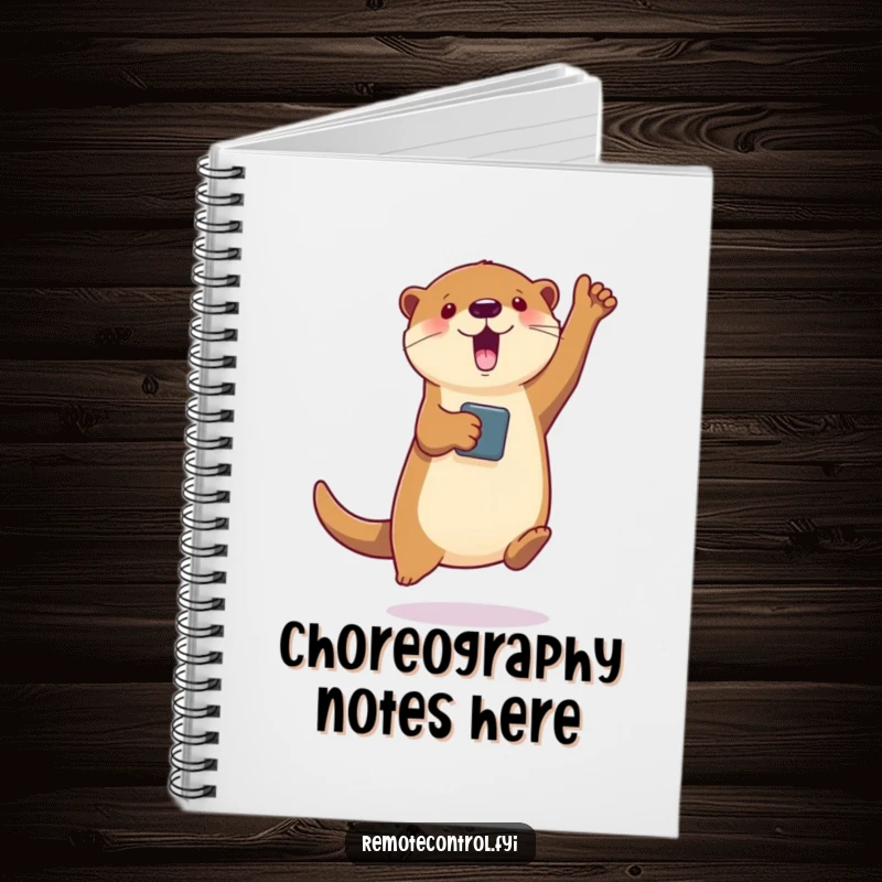 Funny notebook featuring a jumping otter with a remote, ready to choreograph virtual dances, perfect for jotting down ideas.
