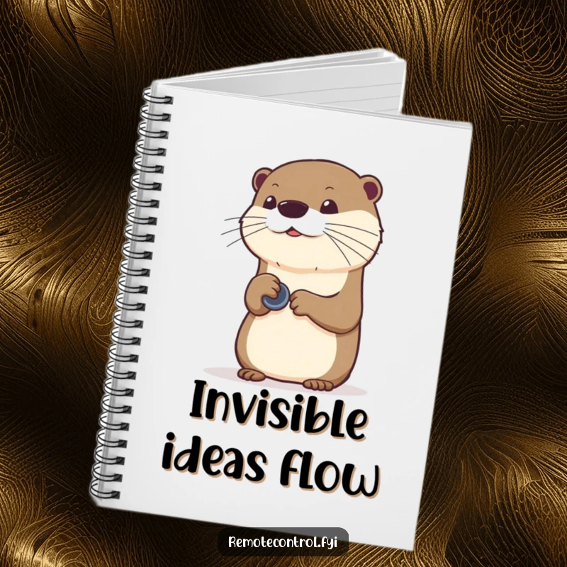 Funny curious otter pressing buttons on an invisible remote, on the cover of a humorous notebook.