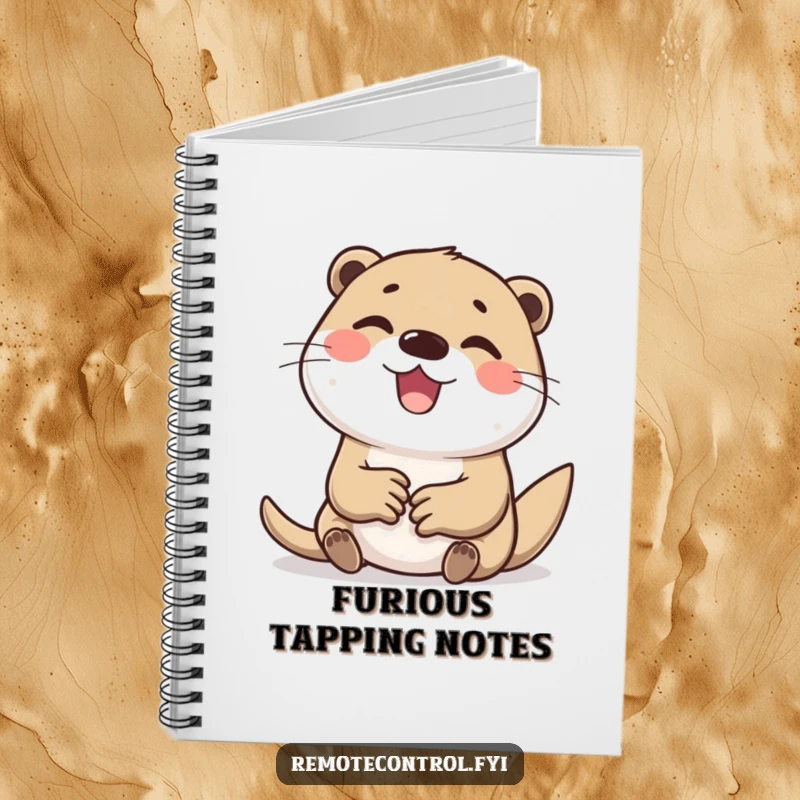 Funny notebook cover with a cheerful otter character delightedly and furiously tapping away at computer keyboard buttons.