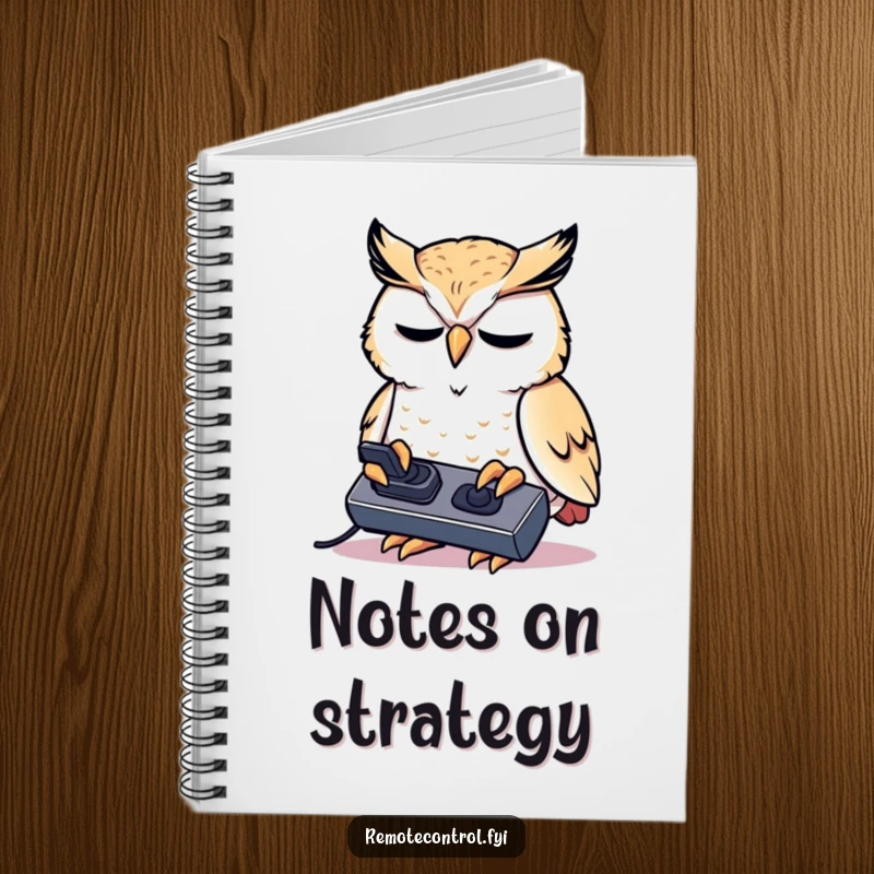 Funny kawaii owl concentrating intensely on a remote control on a notebook.