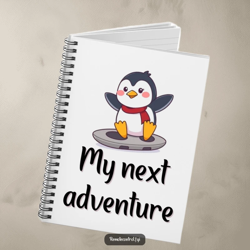 Funny determined penguin surfing on a remote control like a surfboard. Lined and funny notebook.