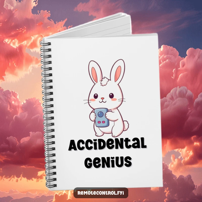 Funny Kawaii Rabbit Notebook cover depicting a surprised rabbit holding a remote control, perfect for note-taking.