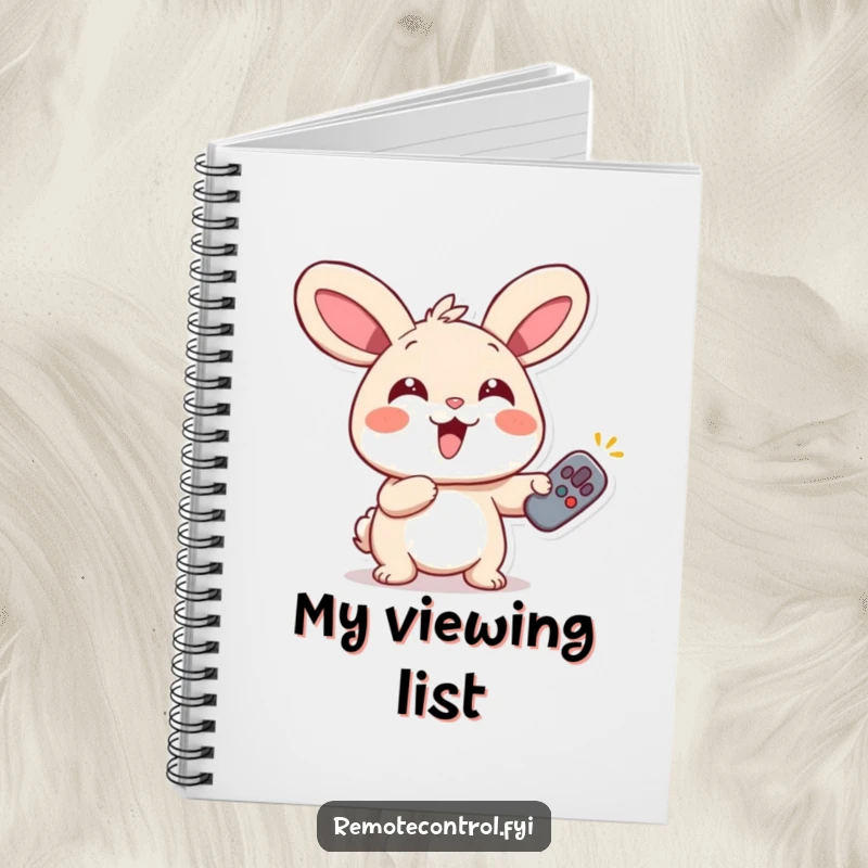 Funny Rabbit Remote Notebook featuring a giggling rabbit with wide eyes, enthusiastically pointing a remote, ideal for note-taking.