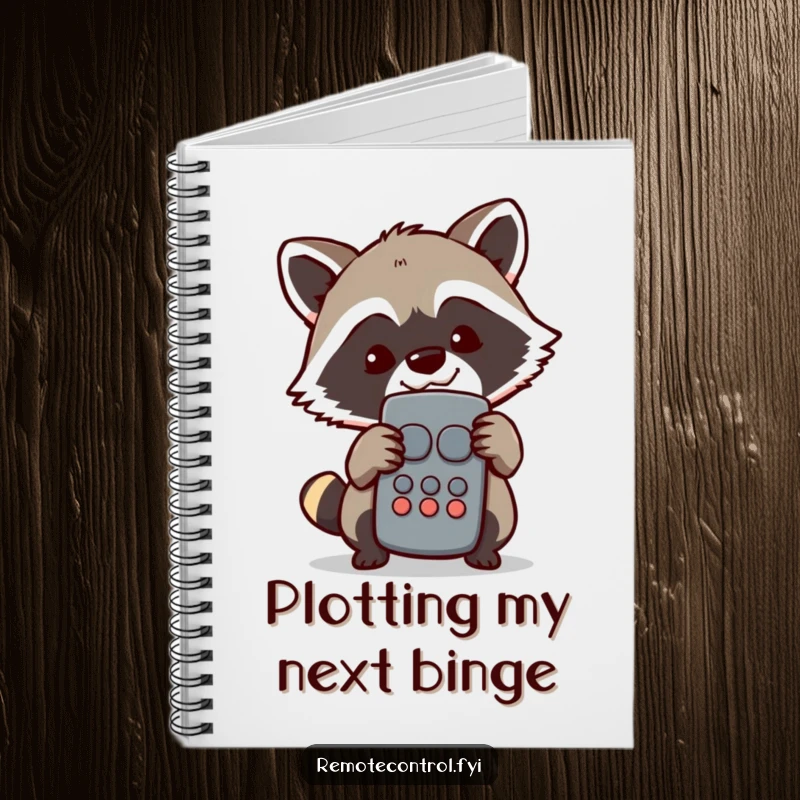 Funny Raccoon Notebook: Mischievous raccoon character with a sly grin, peeking from behind a TV remote, prompting creative note-taking.