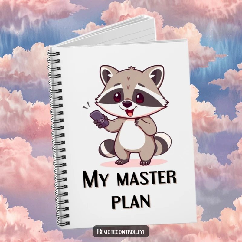 Funny raccoon character attempting to steal a TV remote on a notebook, representing a humorous approach to planning and capturing thoughts.