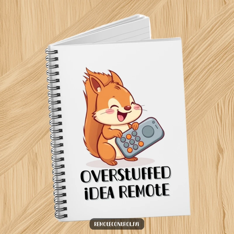 Funny squirrel notebook, a delighted squirrel attempting to operate a giant oversized remote control, perfect for note-taking.