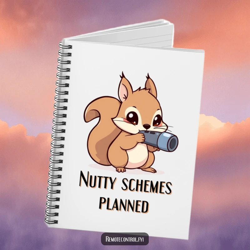 Funny kawaii squirrel with mischievous eyes aiming a remote control on a notebook.