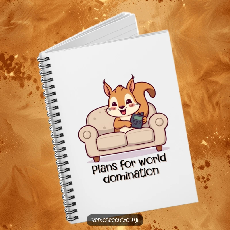 Funny notebook cover shows a sneaky squirrel behind a sofa, holding a TV remote, ready to document secrets.