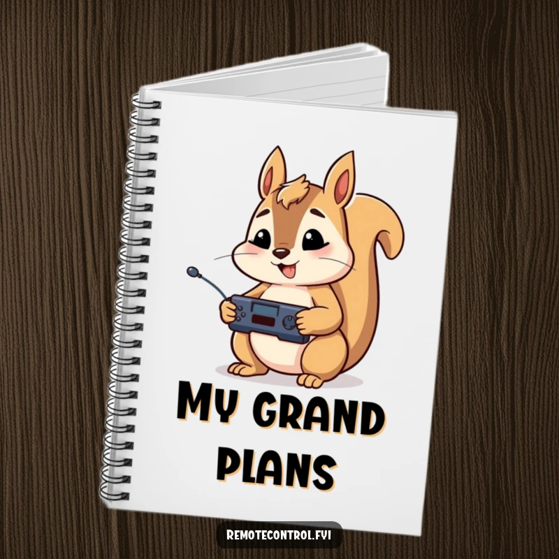 Funny notebook cover featuring a happy squirrel character holding a remote control in both paws, looking determined.