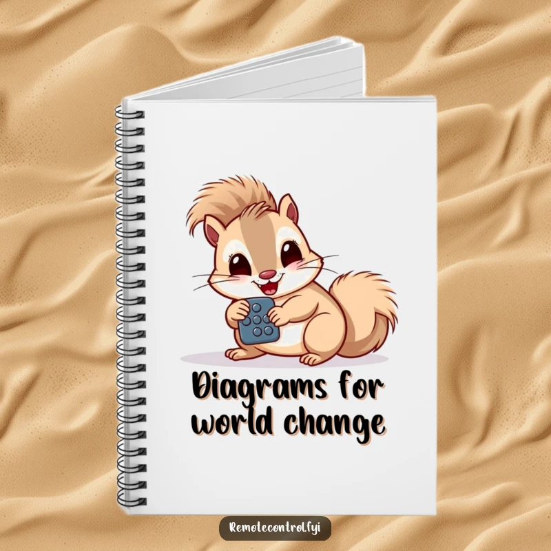 Funny giggling squirrel intently studying a remote control with large buttons on a notebook.