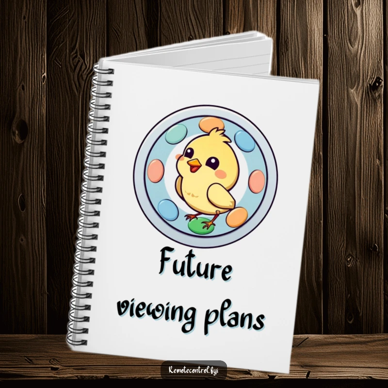 Funny bird character pecking a large, colorful remote button on a notebook, representing a humorous approach to controlling thoughts and ideas.