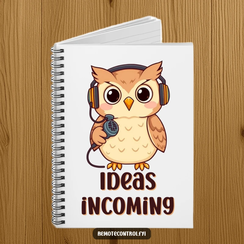 Funny owl wearing a headset, holding a remote like a microphone, gaming. Lined funny notebook.