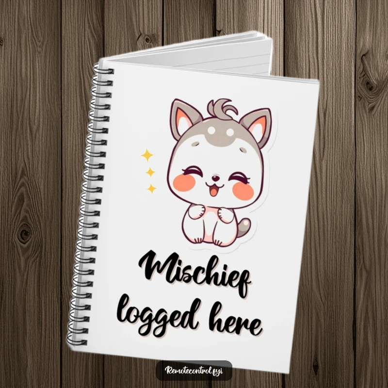 Funny notebook with a giggling animal character delightedly changing TV channels, inspiring humorous thoughts and ideas.